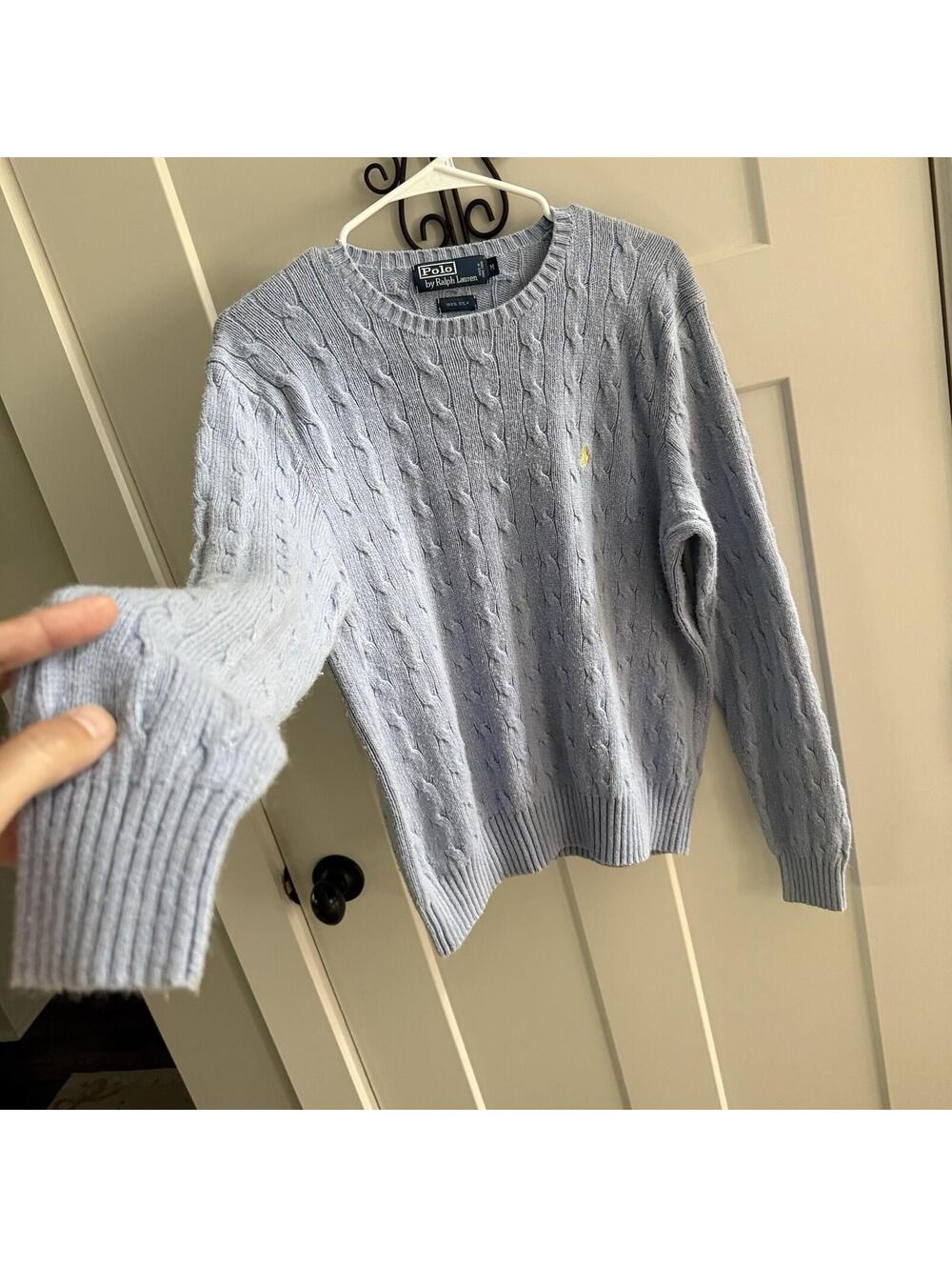 Polo Ralph Lauren Cable Knit Sweater Medium Periwinkle Blue 100% Silk - Picture 2 of 7